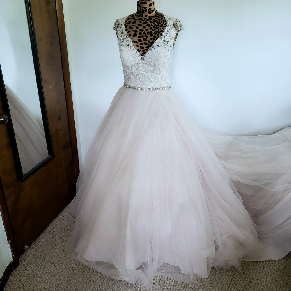 ALLURE Romantic Ivory Lace and Blush Tulle Wedding Gown